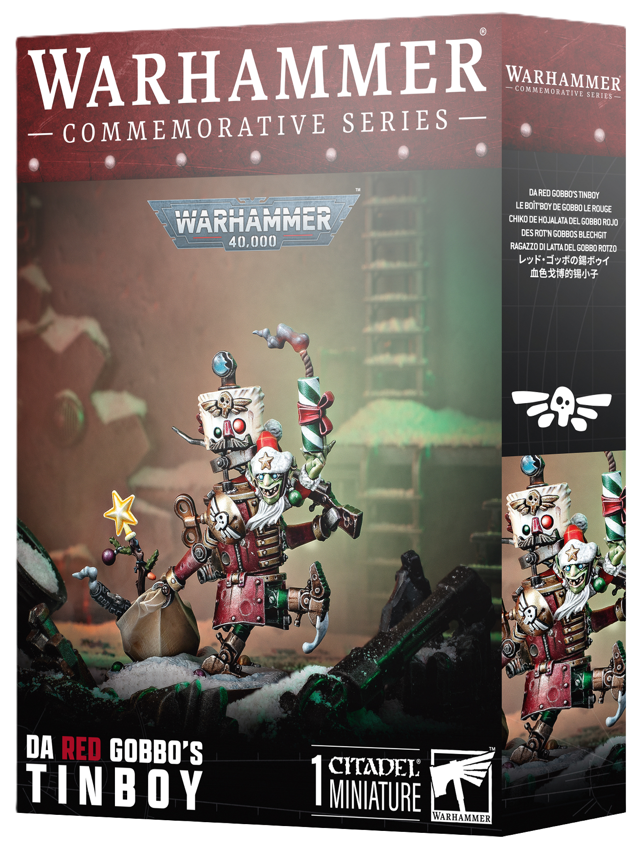 Warhammer figurine packaging with Christmas-themed Gobbo and 'Da Red Gobbo's Tinboy' text.