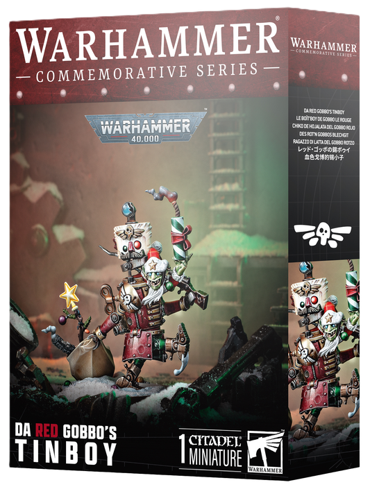 Warhammer figurine packaging with Christmas-themed Gobbo and 'Da Red Gobbo's Tinboy' text.