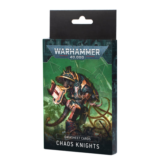 Warhammer 40,000 Datasheet Cards: Chaos Knights (10th Edition) box, featuring Chaos Knight war machine illustration with green abstract background, reference cards for sci-fi tabletop wargaming.