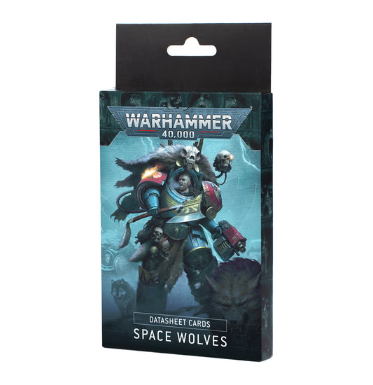 Warhammer 40K Space Wolves Datasheet Cards pack showing a blue-armored Space Marine with wolf pelts and skulls, armed and standing in a snowy landscape with wolves — Warhammer 40,000 tactical reference artwork.