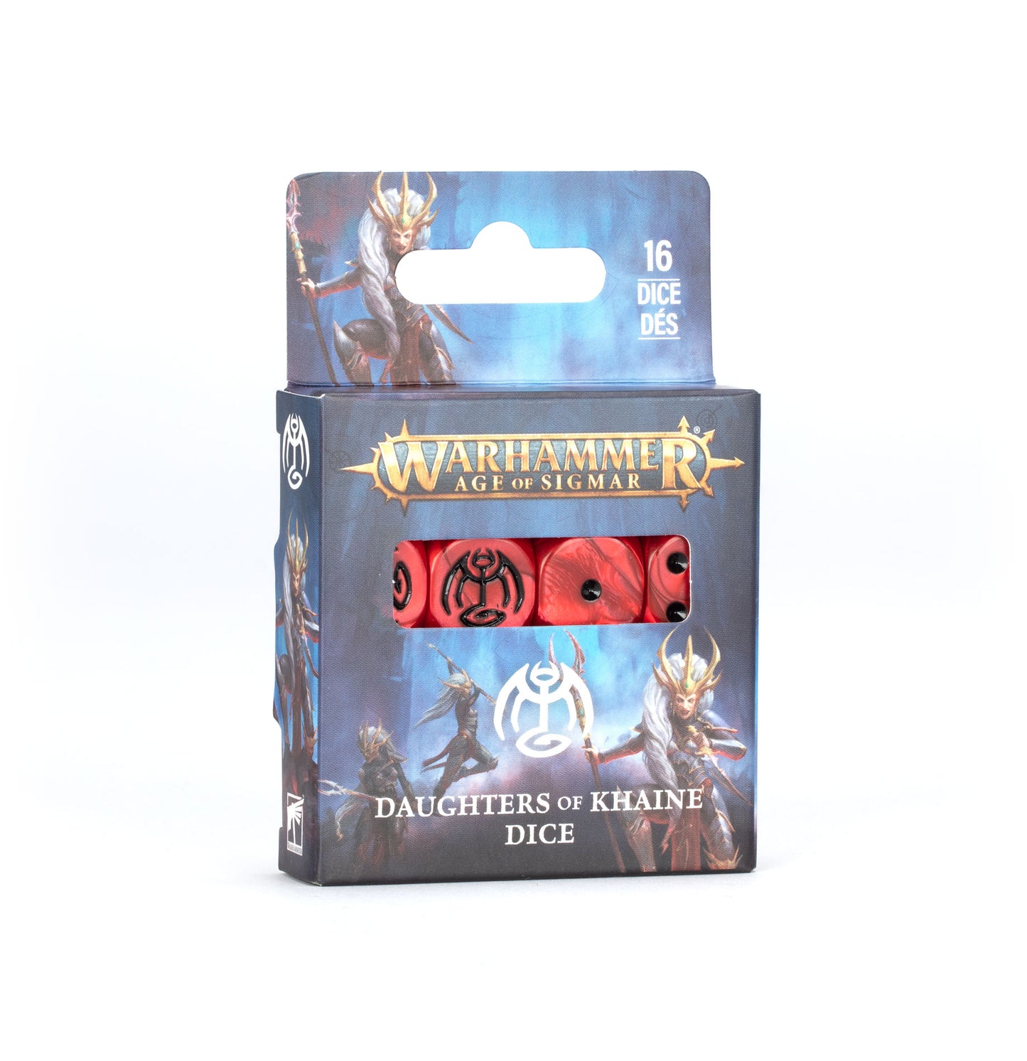 Box of Warhammer Age of Sigmar Daughters of Khaine dice on a white background