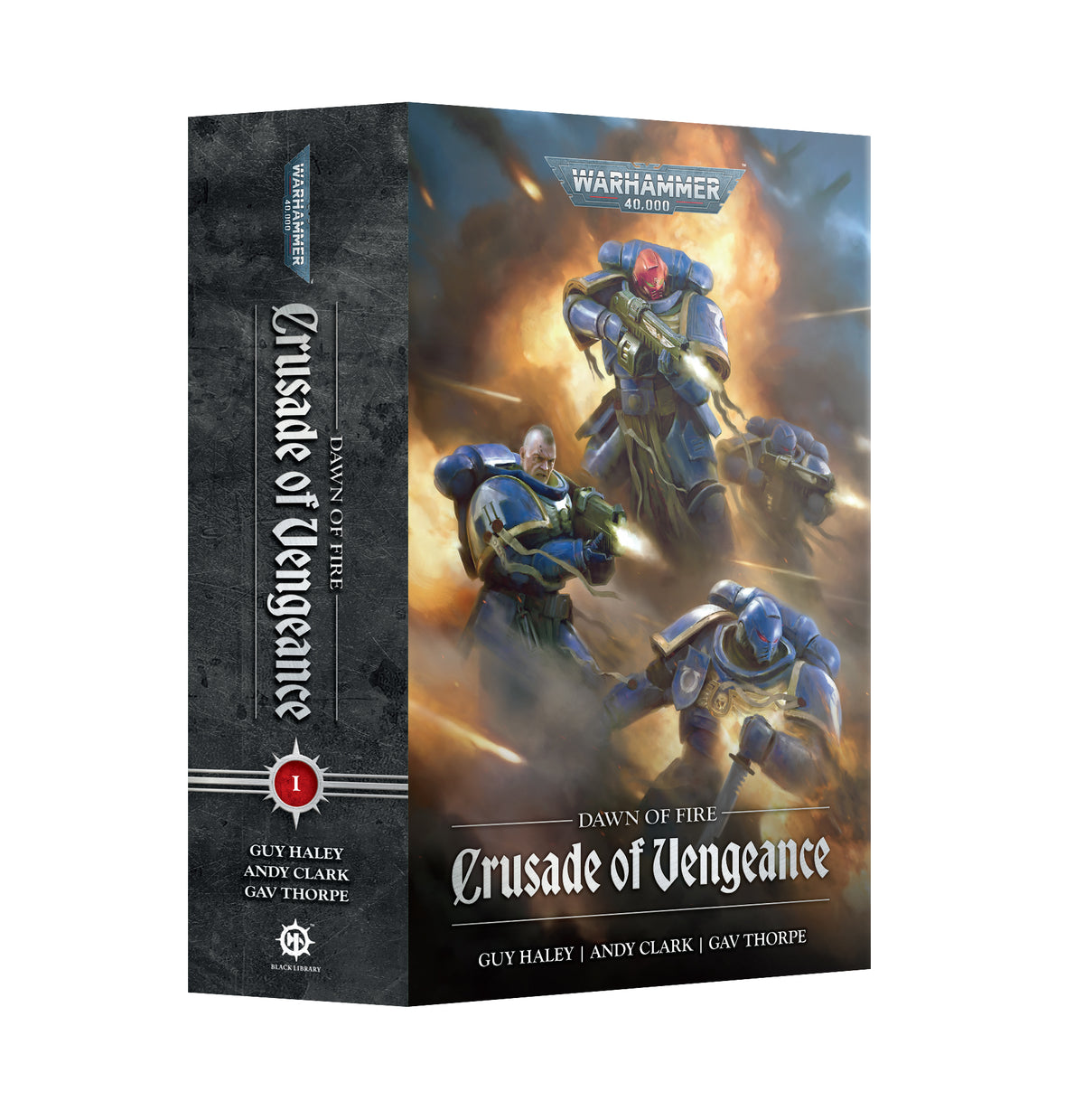 Warhammer 40k Crusade of Vengeance board game box, featuring a dark gray spine and a front cover with painted Space Marine warriors in blue armor against an orange-brown fiery background.