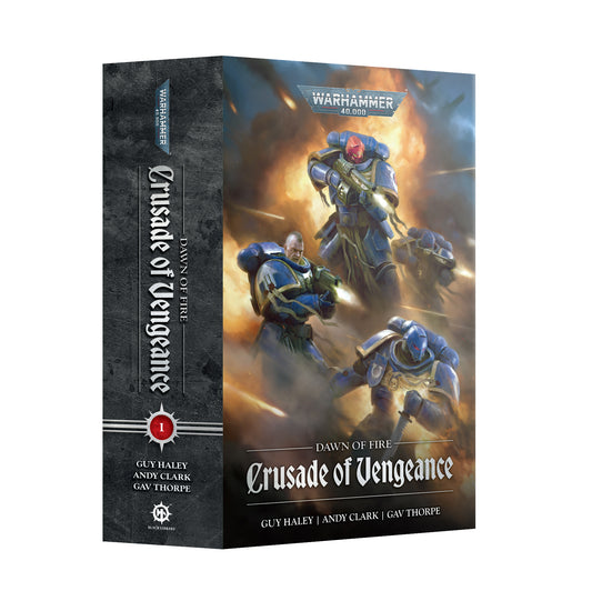 Warhammer 40k Crusade of Vengeance board game box, featuring a dark gray spine and a front cover with painted Space Marine warriors in blue armor against an orange-brown fiery background.