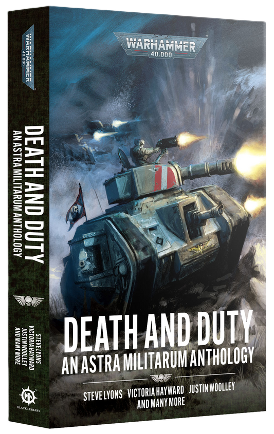 Book cover of 'Death and Duty' from Warhammer 40,000 with a tank on a snowy battlefield.