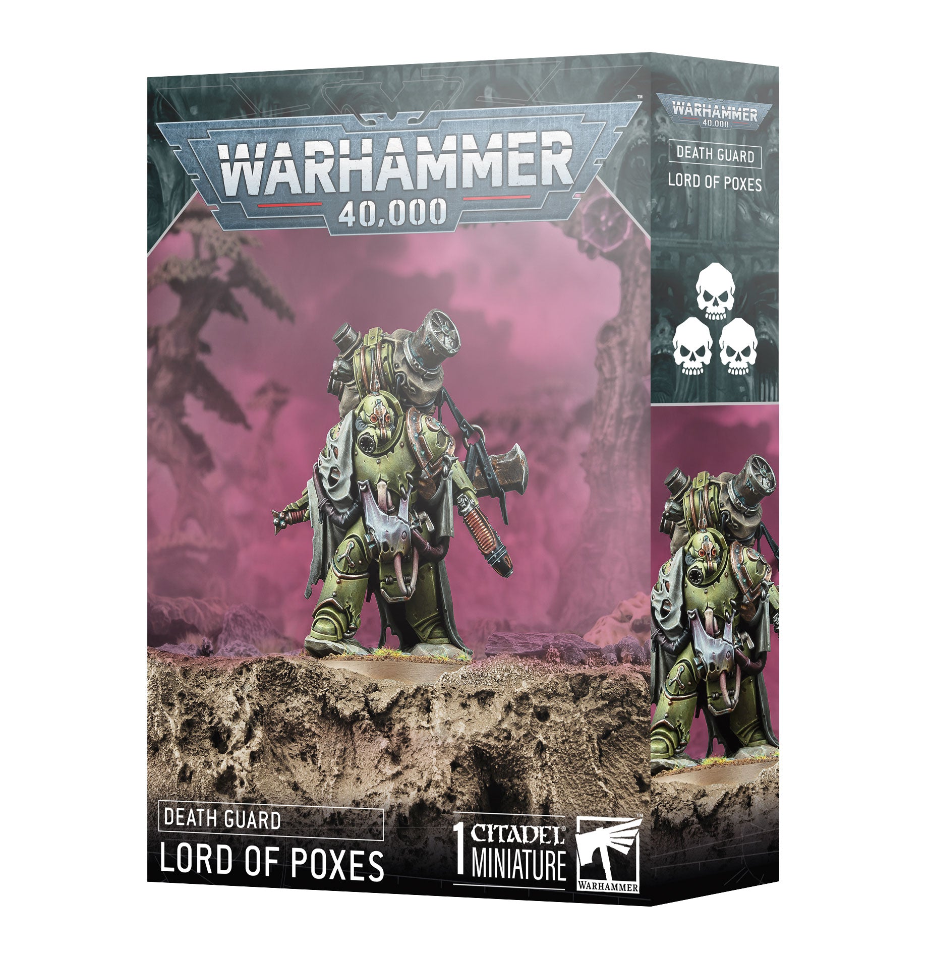 Warhammer 40,000 Death Guard Lord of Poxes miniature figure on packaging