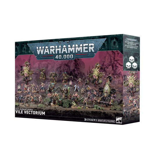 Warhammer 40,000 game box with various miniatures on a white background