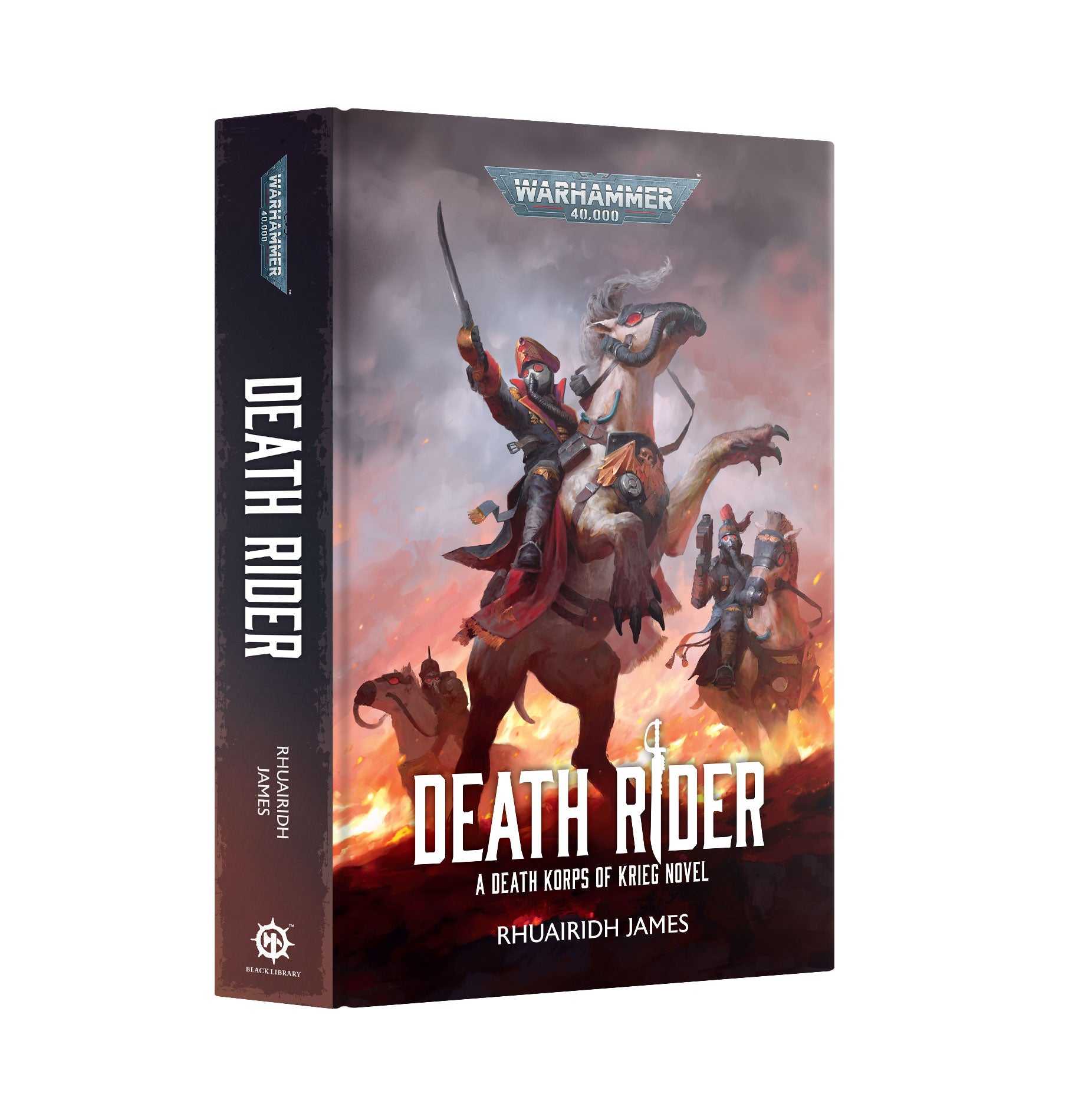 Book cover of 'Death Rider' by Rhuairidh James featuring a warrior on a horse with a fiery background.