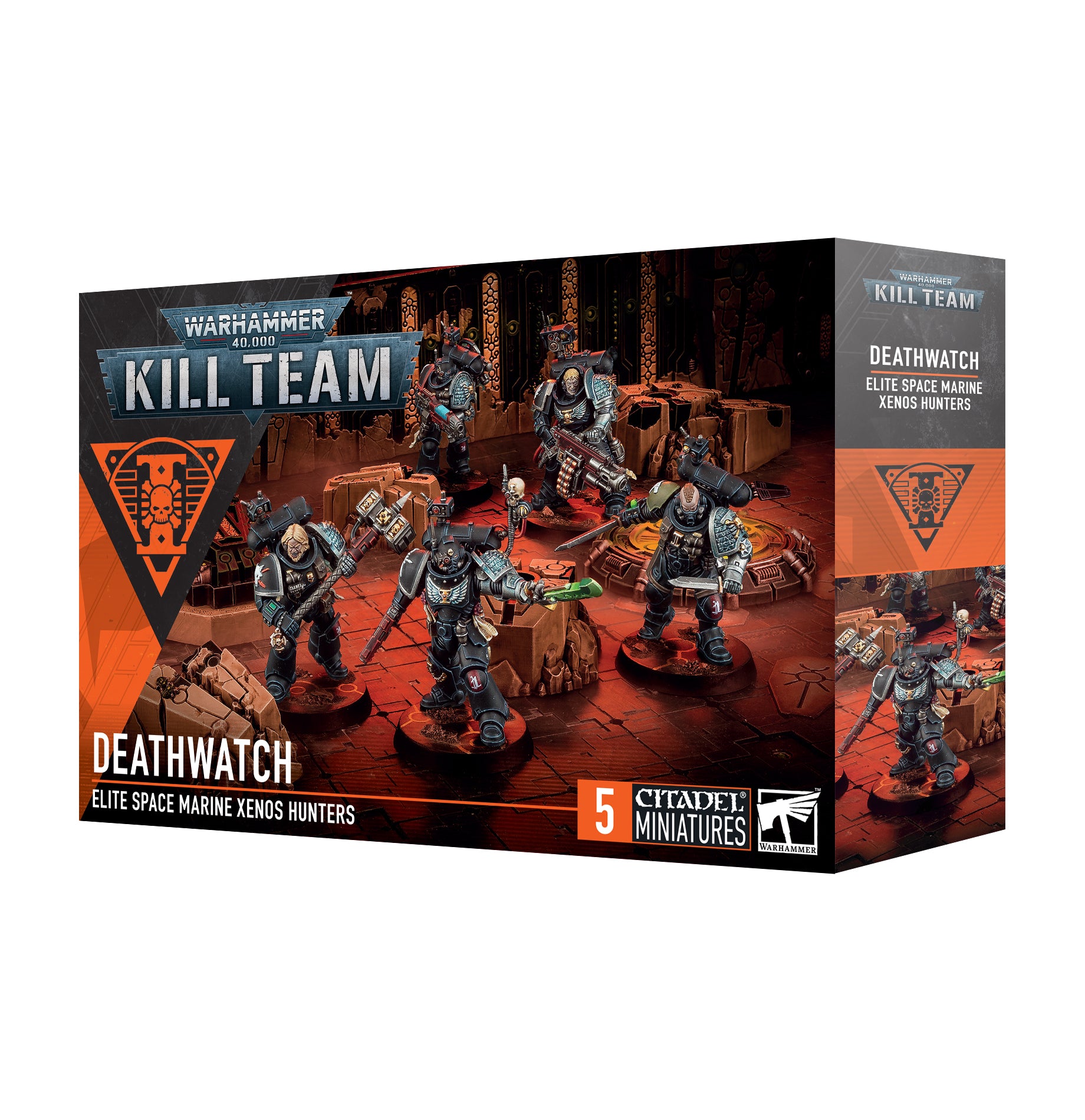 Box of Warhammer figurines with 'Kill Team' branding on a white background
