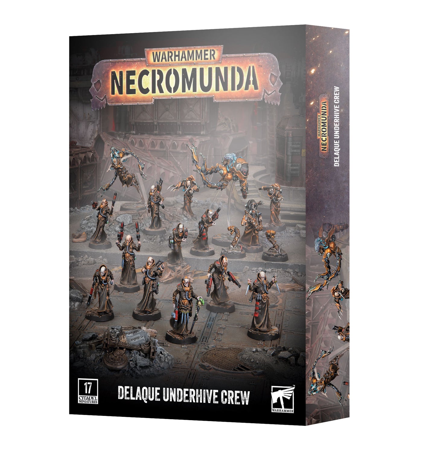 Warhammer Necromunda Delaque Underhive Crew box set, featuring a detailed sci-fi illustration of various undead miniatures on a dark, atmospheric background.