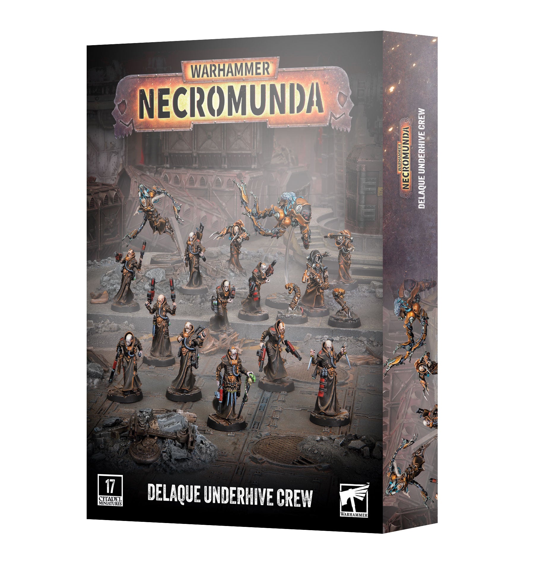 Warhammer Necromunda Delaque Underhive Crew box set, featuring a detailed sci-fi illustration of various undead miniatures on a dark, atmospheric background.