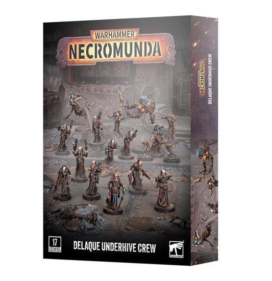 Warhammer Necromunda Delaque Underhive Crew box set, featuring a detailed sci-fi illustration of various undead miniatures on a dark, atmospheric background.