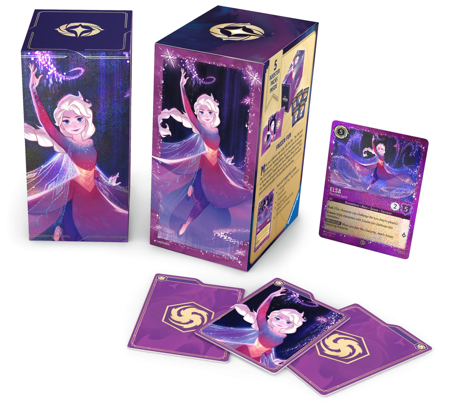 Frozen-themed trading card game packaging with cards and box on a white background