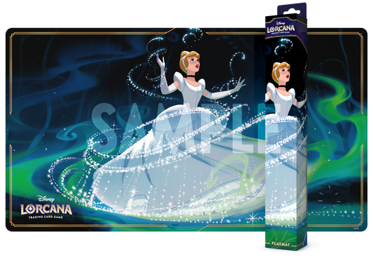 Disney Lorcana card game playmat with Cinderella figure and packaging.