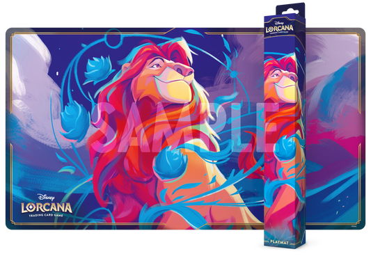 Colorful playmat with a character design and packaging in the background