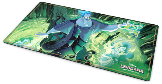 Disney Lorcana trading card game playmat featuring Hades from Disney's 'Hercules,' depicted with blue flame hair and a mischievous grin, surrounded by green flames and ghostly figures.