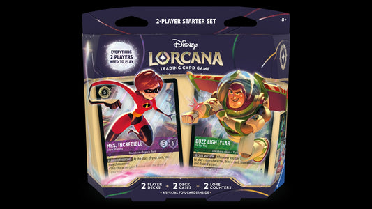 Lorcana 2-Player starter set featuring images of Mrs. Incredible and Buzz Lightyear cards