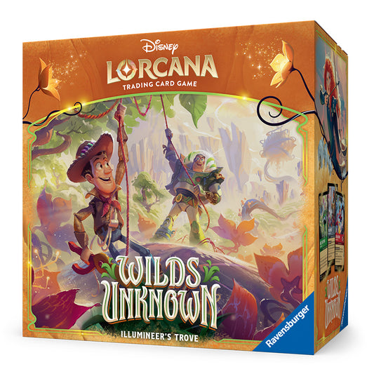 Disney Lorcana trading card game box with characters and 'Wilds Unknown' text on a white background