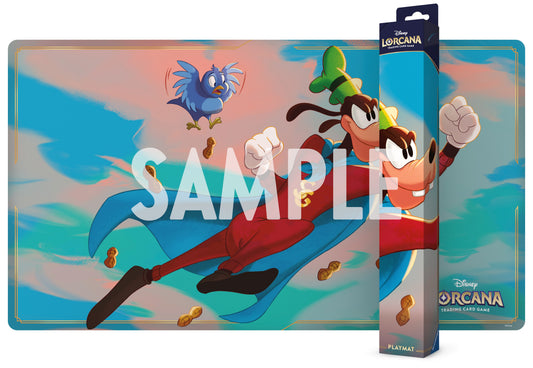 Disney Goofy placemat with Lorcana card game packaging on a colorful background