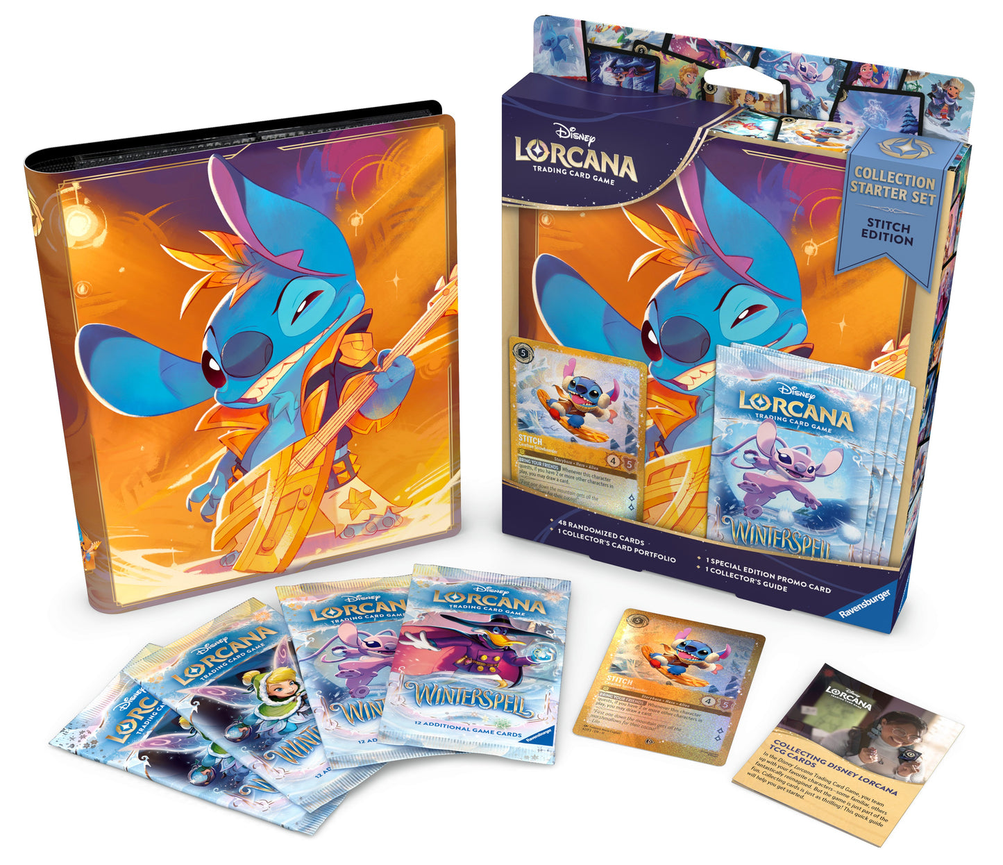 Lorcana trading card game collection with cards and a binder.