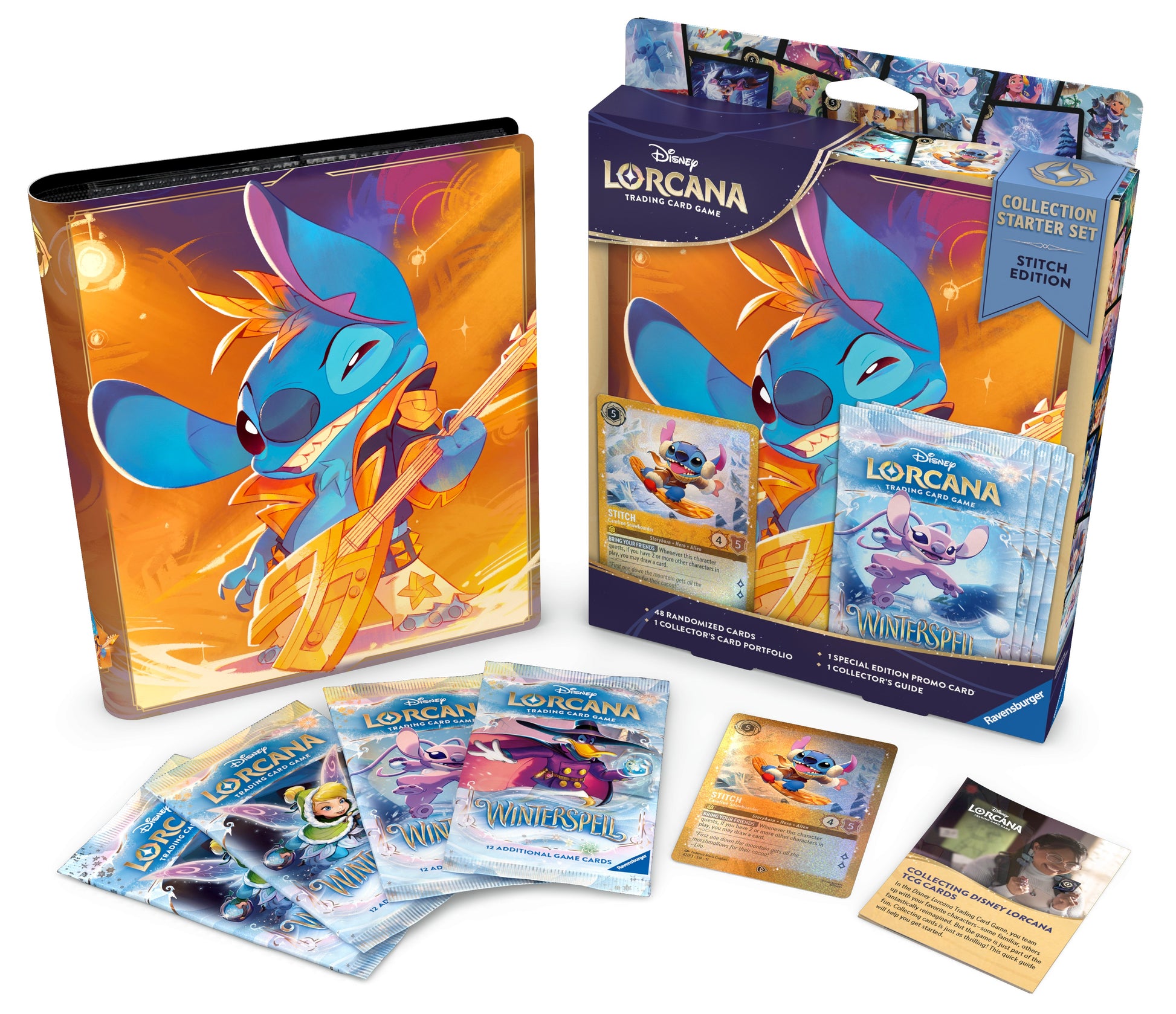 Lorcana trading card game collection with cards and a binder.