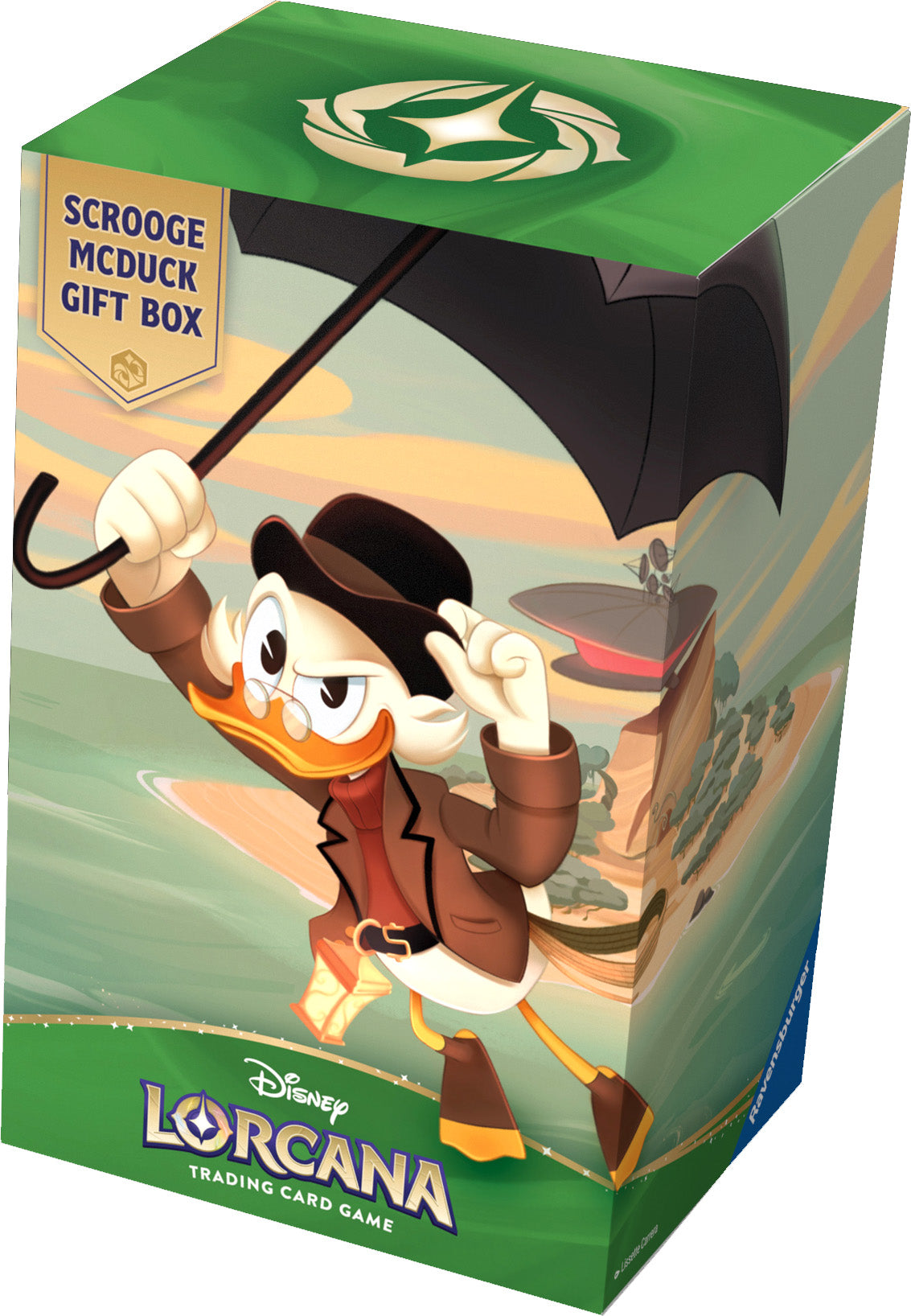 Scrooge McDuck gift box for Disney Lorcana trading card game with character design on a green background