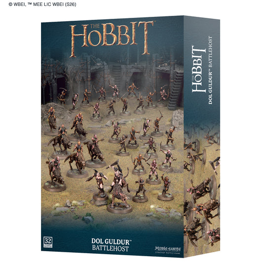 Box art for The Hobbit: Dol Guldur Battlehost, showing a fantasy battle scene with many small warrior figurines on a sandy battlefield. The front and spine of the box are visible on a plain white background.