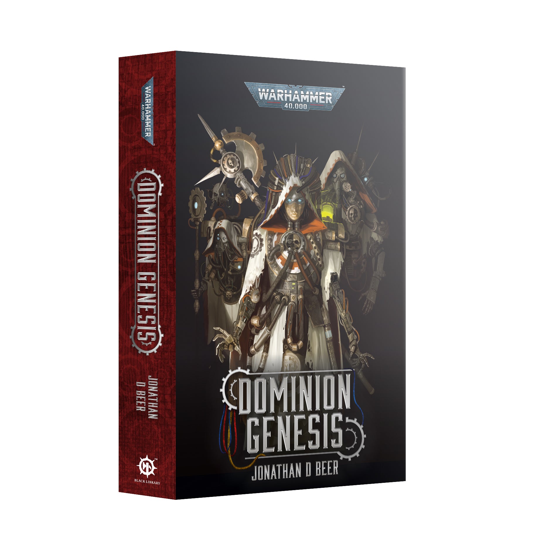 Warhammer 40,000 'Dominion Genesis' book cover by Jonathan D. Beer, featuring a futuristic armored character with mechanical enhancements set against a dark, atmospheric background.