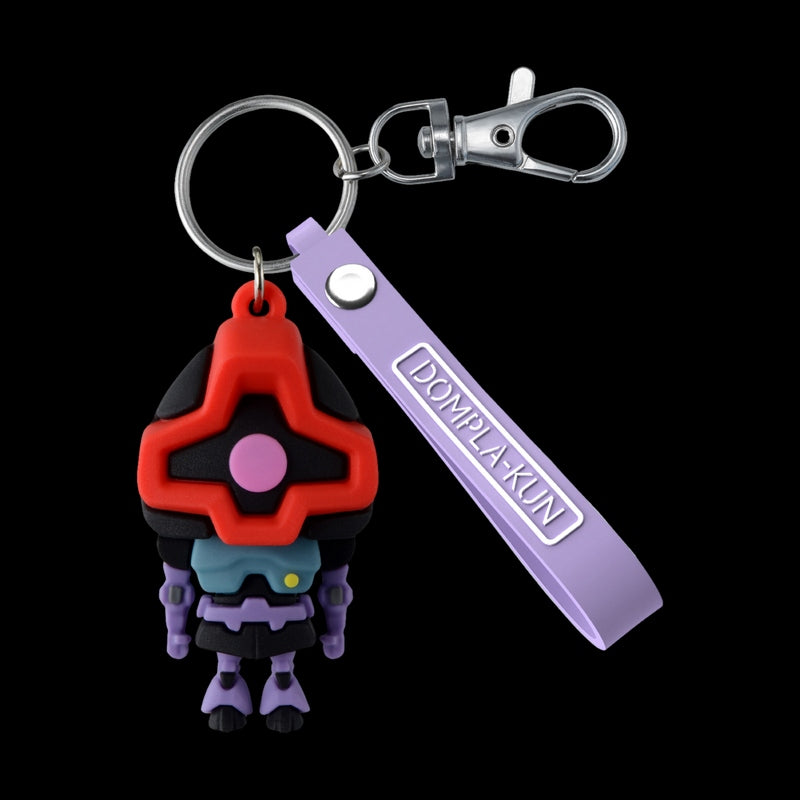Keychain with Dompla-Kun design and purple strap on black background