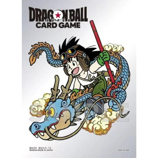Dragon Ball Super Card Game sleeve design with Goku riding a dragon on a white background