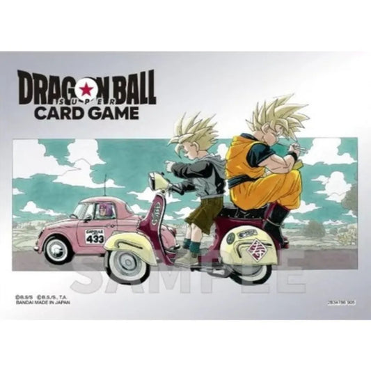 Sleeve design for Dragon Ball Card Game featuring Goku and Gohan on a scooter with a pink car in the background