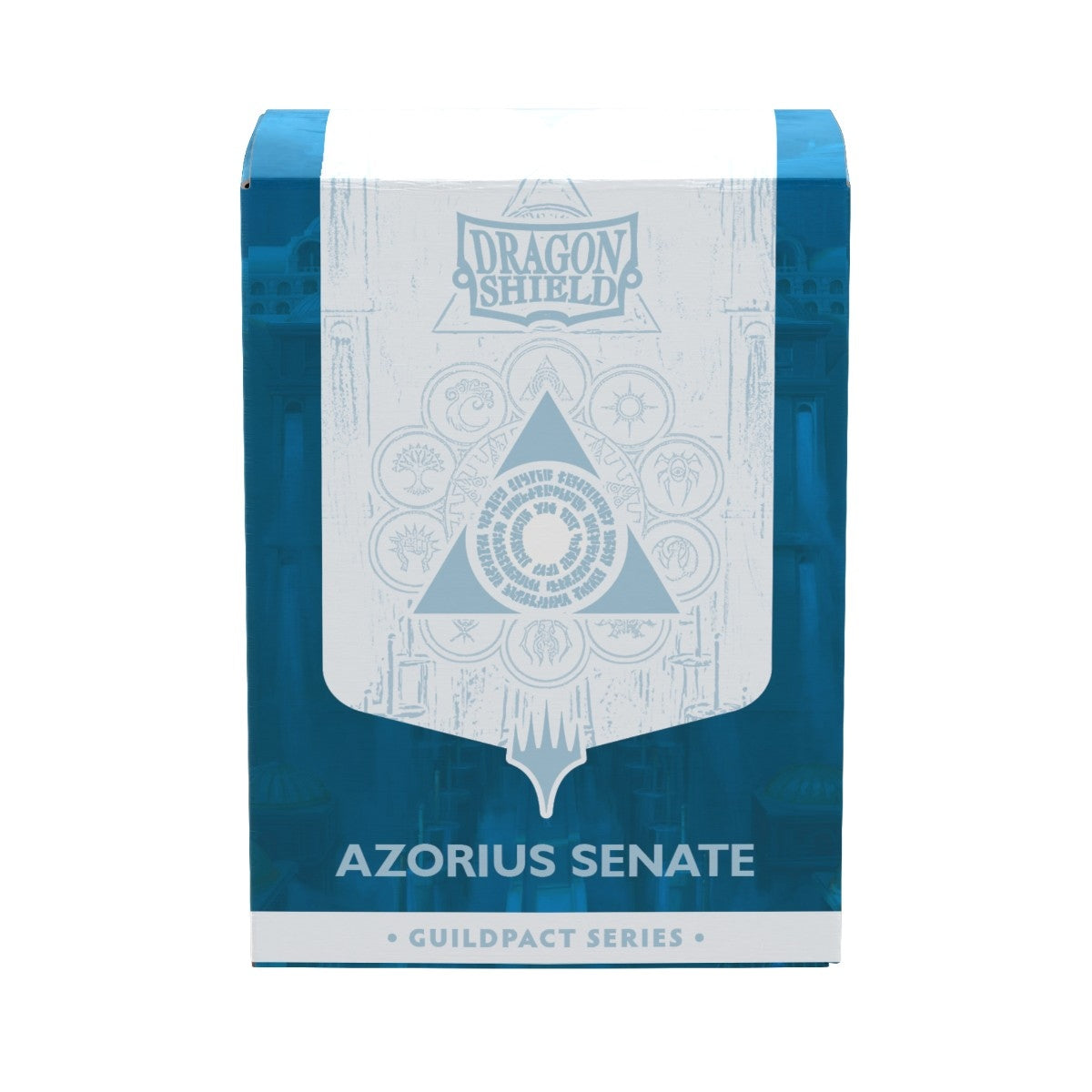 Dragon Shield Azorius Senate sleeve box from the Guildpact Series, featuring a blue and white design with the Azorius Senate seal in the center.