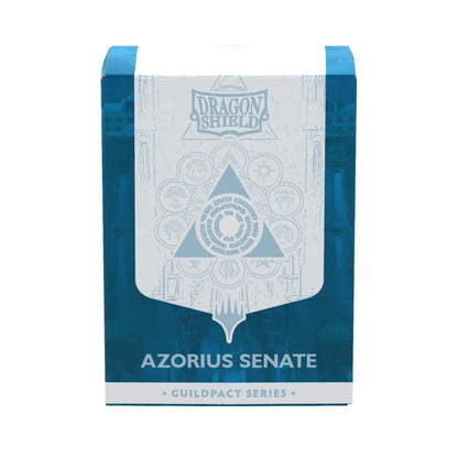 Dragon Shield Azorius Senate sleeve box from the Guildpact Series, featuring a blue and white design with the Azorius Senate seal in the center.