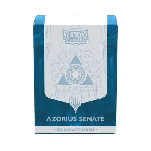 Dragon Shield Azorius Senate sleeve box from the Guildpact Series, featuring a blue and white design with the Azorius Senate seal in the center.