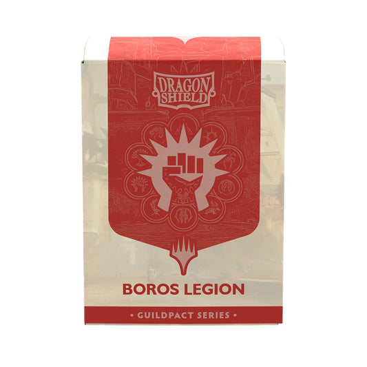 Dragon Shield Boros Legion sleeve box from the Guildpact Series, featuring a red and white design with the Boros Legion seal in the center.
