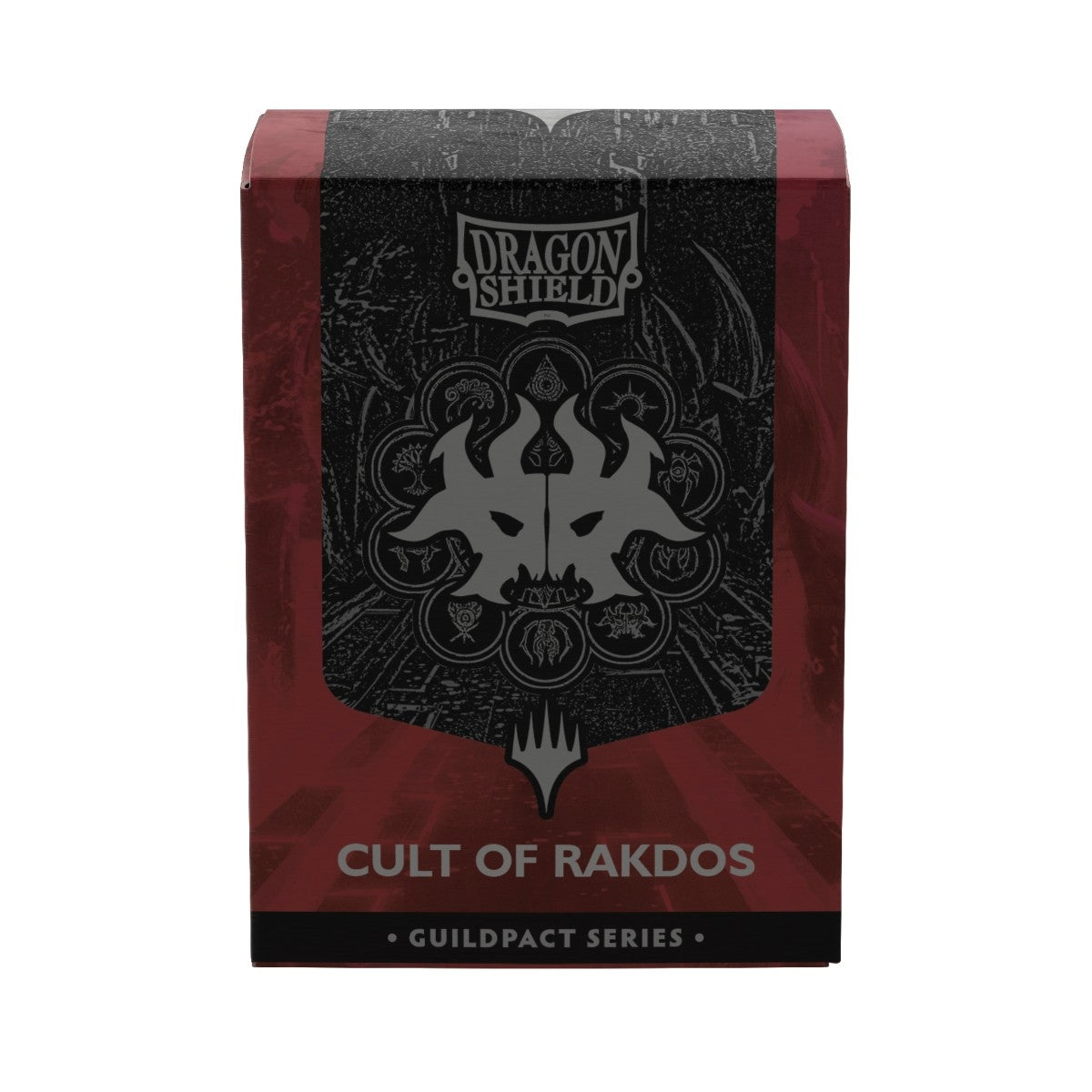 Dragon Shield Cult of Rakdos sleeve box from the Guildpact Series, featuring a dark red and black design with the Cult of Rakdos seal in the center.