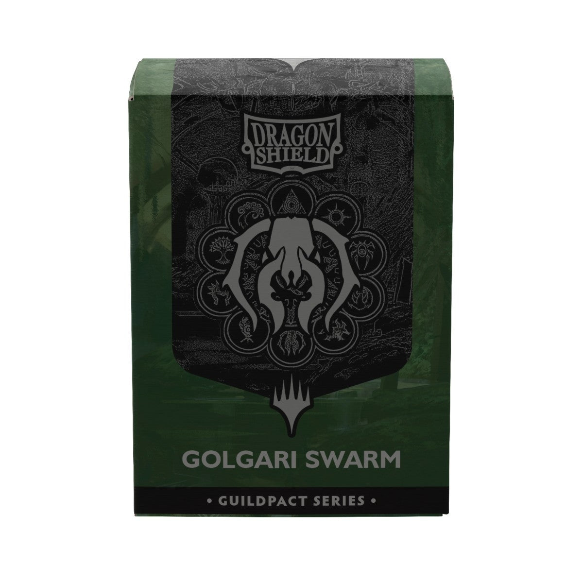 Dragon Shield Golgari Swarm sleeve box from the Guildpact Series, featuring a green and black design with the Golgari Swarm seal in the center.