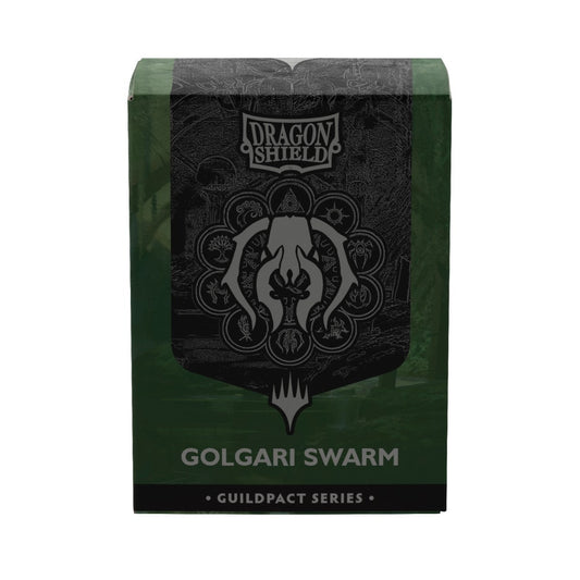 Dragon Shield Golgari Swarm sleeve box from the Guildpact Series, featuring a green and black design with the Golgari Swarm seal in the center.
