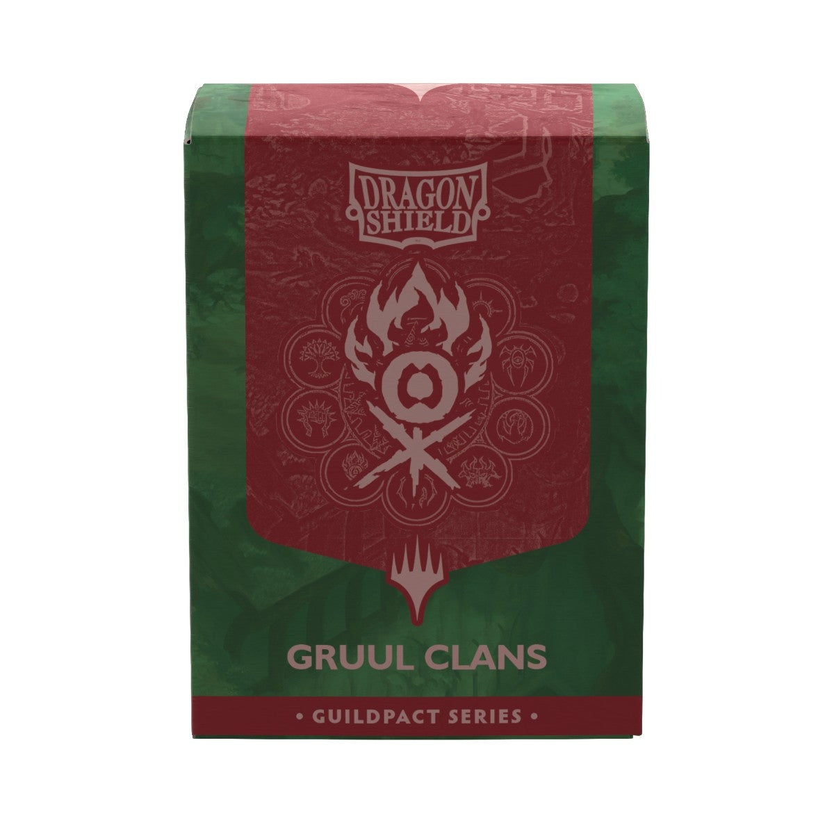 Dragon Shield Gruul Clans sleeve box from the Guildpact Series, featuring a red and green design with the Gruul Clans seal in the center.