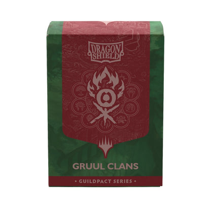 Dragon Shield Gruul Clans sleeve box from the Guildpact Series, featuring a red and green design with the Gruul Clans seal in the center.