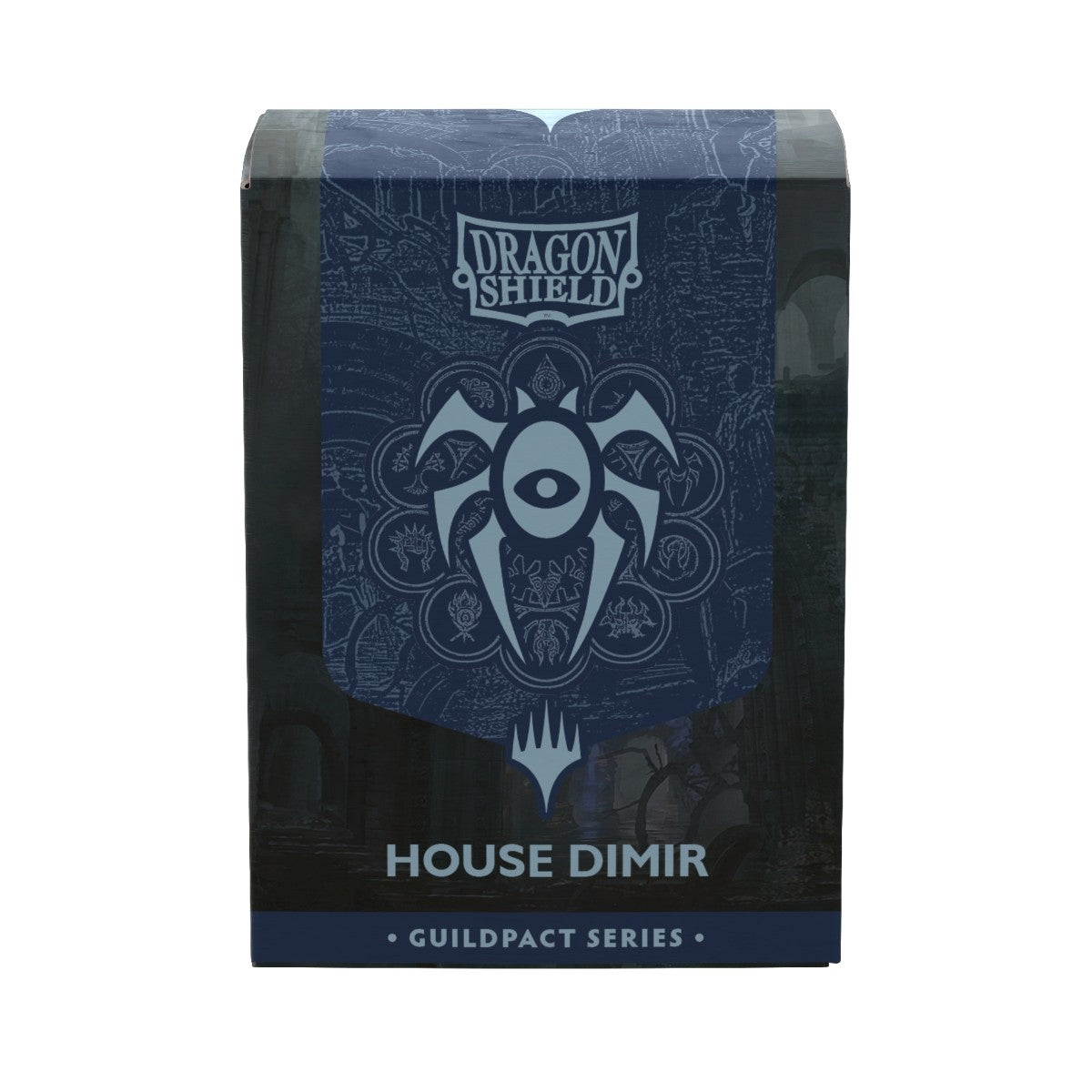 Dragon Shield House Dimir sleeve box from the Guildpact Series, featuring a blue and black design with the House Dimir seal in the center.