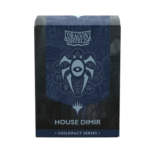 Dragon Shield House Dimir sleeve box from the Guildpact Series, featuring a blue and black design with the House Dimir seal in the center.