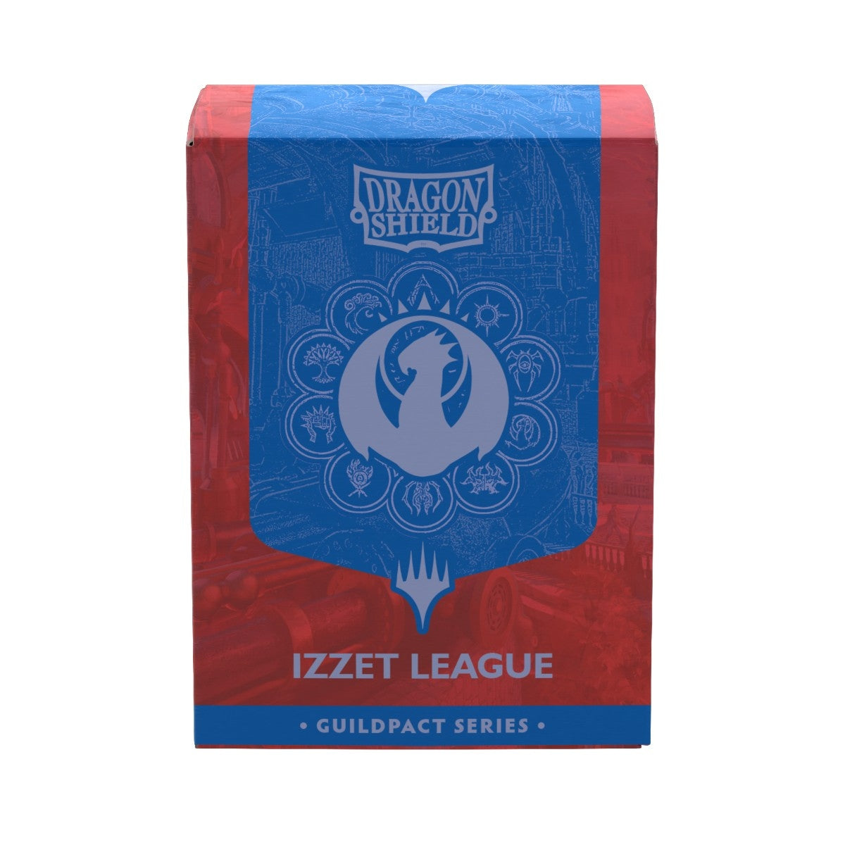 Dragon Shield Izzet League sleeve box from the Guildpact Series, featuring a blue and red design with the Izzet League seal in the center.