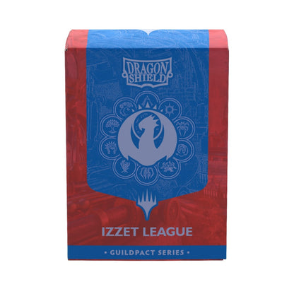 Dragon Shield Izzet League sleeve box from the Guildpact Series, featuring a blue and red design with the Izzet League seal in the center.