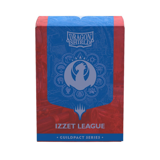 Dragon Shield Izzet League sleeve box from the Guildpact Series, featuring a blue and red design with the Izzet League seal in the center.