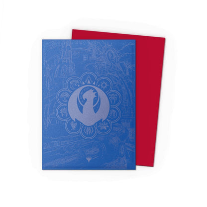 Images of the back of the Izzet League sleeves featuring the Izzet seal and a red interior