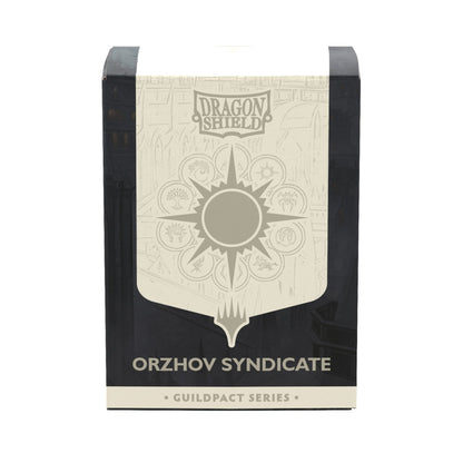 Dragon Shield Orzhov Syndicate sleeve box from the Guildpact Series, featuring a black and white design with the Orzhov Syndicate seal in the center.