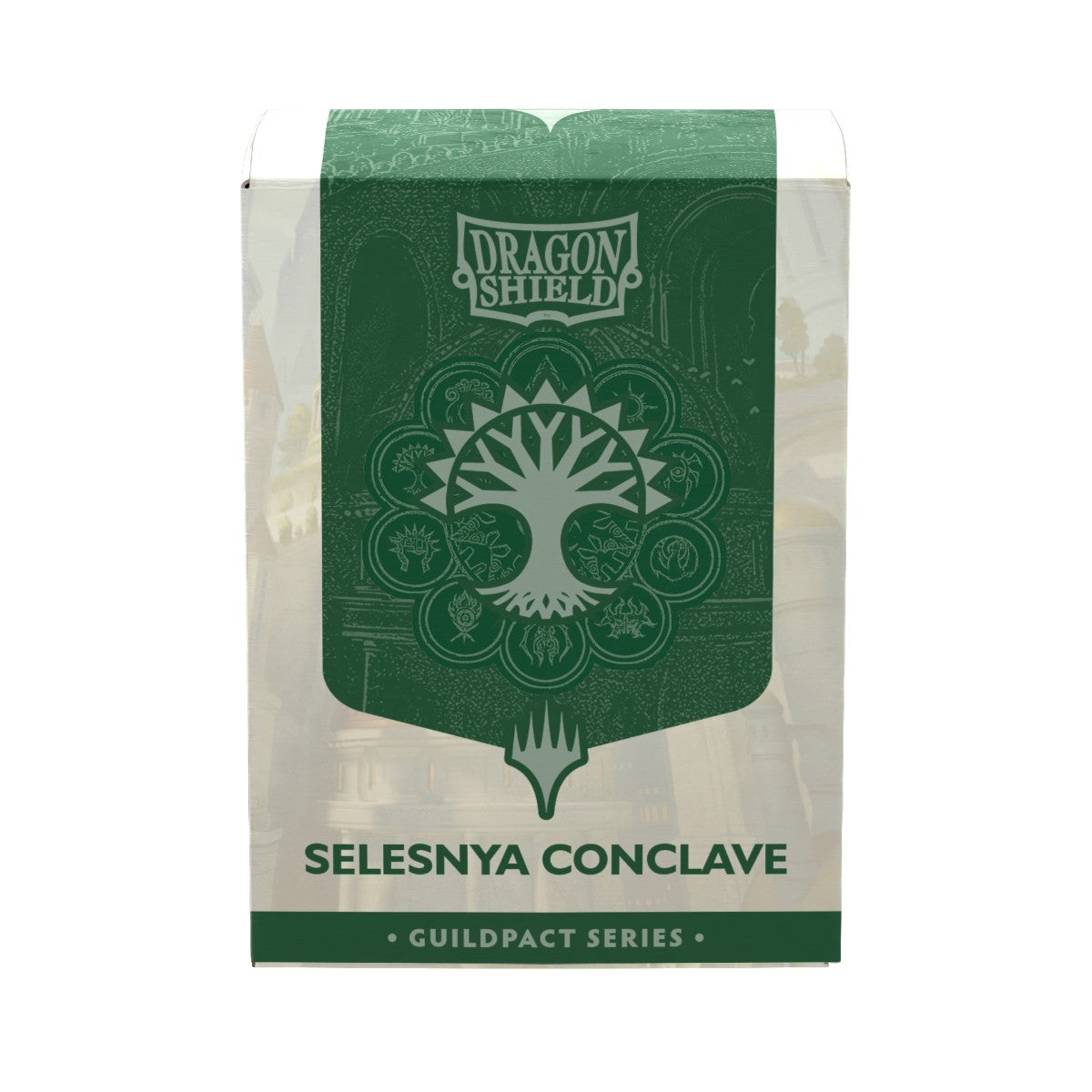 Dragon Shield Selesnya Conclave sleeve box from the Guildpact Series, featuring a green and white design with the Selesnya Conclave seal in the center.