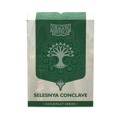 Dragon Shield Selesnya Conclave sleeve box from the Guildpact Series, featuring a green and white design with the Selesnya Conclave seal in the center.