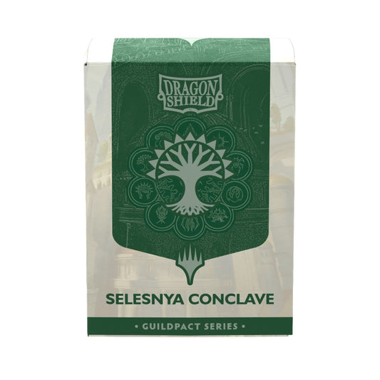 Dragon Shield Selesnya Conclave sleeve box from the Guildpact Series, featuring a green and white design with the Selesnya Conclave seal in the center.