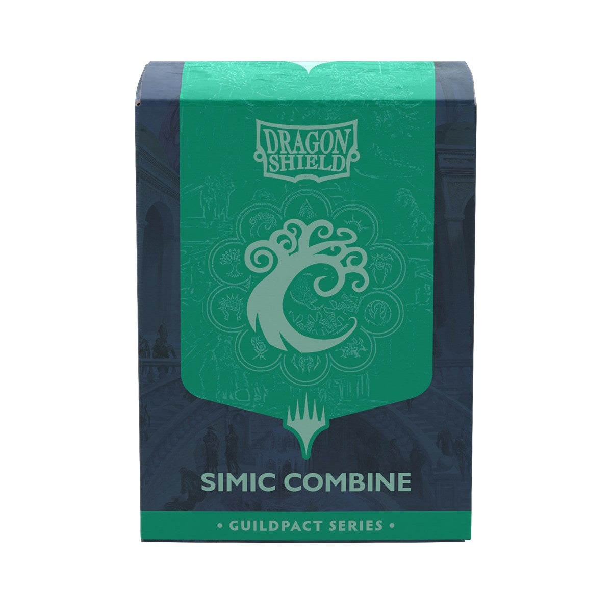 Dragon Shield Simic Combine sleeve box from the Guildpact Series, featuring a blue and green design with the Simic Combine seal in the center.